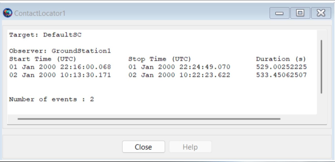 GMAT contact locator output showing two contacts