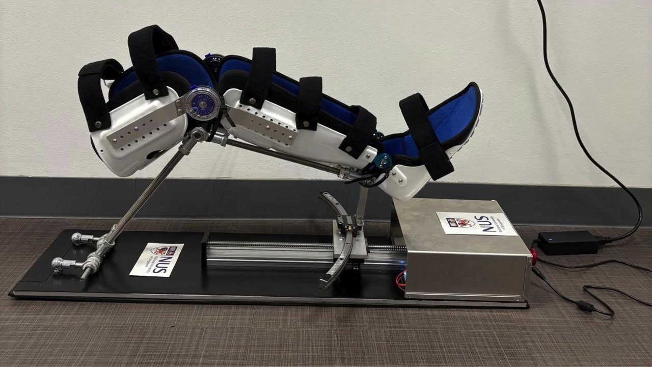 STRIDE rehabilitation device on a table with the leg cast fitted